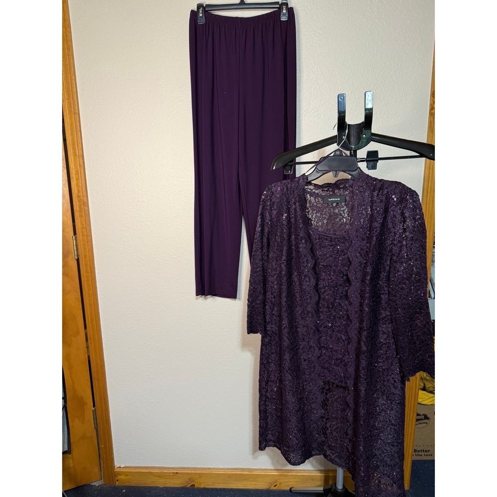 R&M Richards Womens 3pc Lace Sequin Pant Suit Set Purple Formal Size 10
